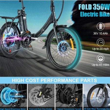 Generic 20 In. Folding Electric Bike 350W Electric Mountain Bike Commuter Bicycle for Adults, 20Mph Hybrid Ebike Throttle and Pedal Assist Adult Urban E-bikes 7 Speed