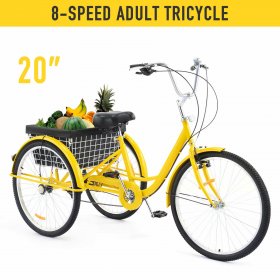 Viribus Tricycle for Adults 20 Inch Cruiser Bike with 8 Gears Rear Basket & Bell Yellow