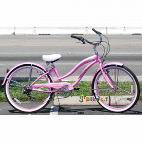 26" Rover 7 Speed Shimano TX-35 Stainless Steel Spokes Pink Rims Front and Back Fenders V-Brakes Micargi Women Girl Style Beach Cruiser Bicycle