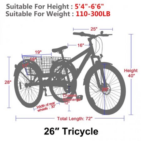 Docred Adult 26" Mountain Tricycle 7 Speed Outdoor Bike Cruiser Trike with Cargo Basket