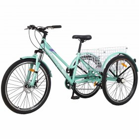 Docred 24" Women Mountain Tricycle 7-Speed 3 Wheel Cyan Bike With Cargo Basket/Damping Seat