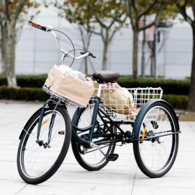 Viribus 24"Adult Tricycle w Removable Basket 3 Wheel Beach Cruiser for Men Women,Green
