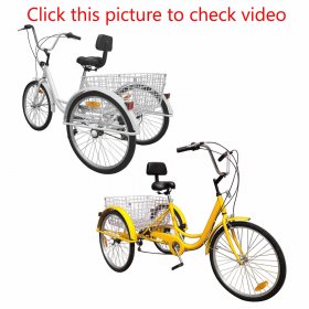 Motor Genic 7-Speed 24" Adult 3-Wheel Tricycle Cruise Bike Bicycle With Basket White/Yellow