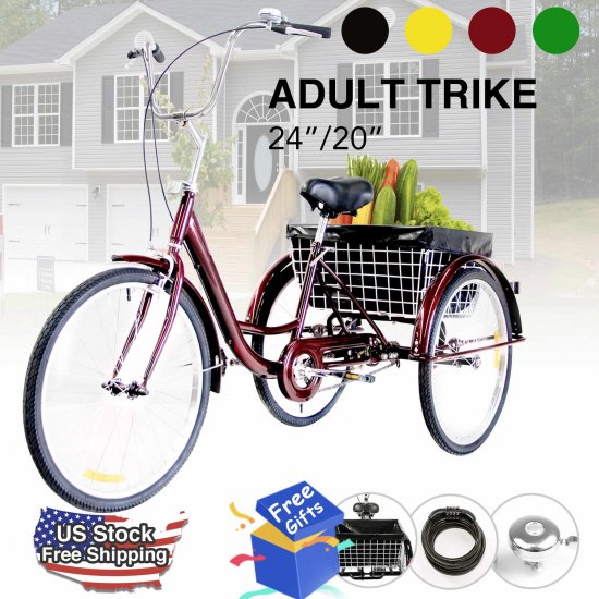 Viribus 20inch Adult Tricycle with Large Size Basket & Dust Bag for Shopping & Outing,Red