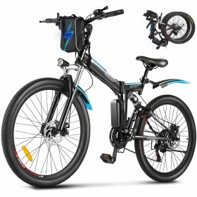 Ayner Folding Electric Bike, 26'' Electric Mountain Bicycle E-Bike with Shimano 21 Speed Gears 36V/8Ah Lithium-Ion Battery Fast Charge, Commuter Adult Ebike with Dual Disc Brakes | Black