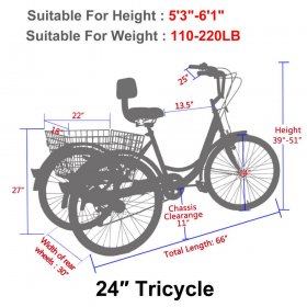 24" 7Speeds Adults Tricycle Purple Trike Cruiser+Backrest+Basket Shopping&Outing 
