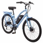 Schwinn EC1 electric cruiser-style bicycle; 26-inch wheels, 7 speeds, blue