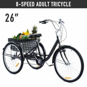 26" Adult Tricycle Exercise Bike w 8 Speed Gear Flexible Seating Basket Black