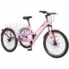 Mooncool Adult Mountain Tricycle 7 Speed MTB Three Wheel Trike Bike Bicycle Pink Large Basket for Men/Women/Seniors/Youth