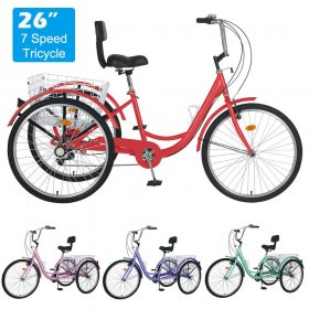 Mooncool Adult Tricycle 7 Speed Purple, Adult Trike 26 inch 3 Wheel Bike, Adult Trike Bicycle Cruise Trike with Shopping Basket for Seniors, Women, Men