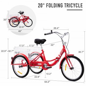 20in Adult Tricycle Folding Trike w Carbon Steel Frame and Bike Basket, Red
