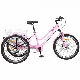 Mooncool Adult Mountain Tricycle 7 Speed MTB Three Wheel Trike Bike Bicycle Pink Large Basket for Men/Women/Seniors/Youth