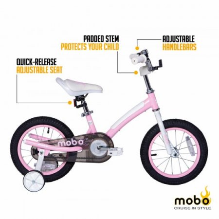 Mobo First Bike For Kids, 14-inch Bicycle With Training Wheels for Girls, Pink