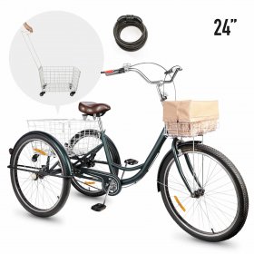 Viribus 24"Adult Tricycle w Removable Basket 3 Wheel Beach Cruiser for Men Women,Green