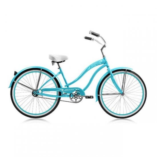 Micargi ROVER GX 26\" Beach Cruiser Coaster Brake Single Speed Stainless Steel Spokes One Piece Crank Alloy Pink Rims White Wall Tire 36H With Fenders Color: Black/Baby blue Rim