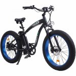 Ecotric 26 In. x 4 In. Fat Tire UL Mountain Beach Snow Electric Bicycle with Shimano 7 Speeds Black Removable Lithium Battery New 750 W 48 V 48 V 13 Ah Lithium Battery Pedal Assist Black frame and Blue Rims