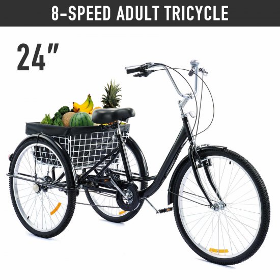 Viribus 24\" Adult Tricycle Exercise Bike w 8 Speed Gear Flexible Seating Basket Black