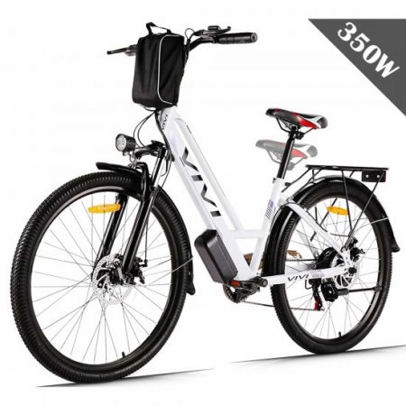 VIVI 26''Electric Bike 350W Low-Step Thru City Cruiser Bicycle with Carrier Rack Professional 7 Speed, Electric Commuter Bike Hybrid Ebike for Women Senior Gift, Beach EBike