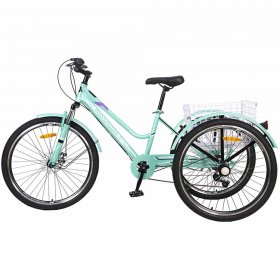 Docred 24" Women Mountain Tricycle 7-Speed 3 Wheel Cyan Bike With Cargo Basket/Damping Seat