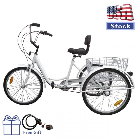 Motor Genic Unisex 7-Speed 24\" Adult 3-Wheel Tricycle Cruise Bike With Basket White