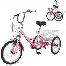 Mooncool Adult Folding Tricycle Pink 24 inch Wheels 7 Speed 3 Wheel Bike Cruiser Trike with Large Basket, Foldable Tricycle for Adults, Women, Men, Seniors Exercise Shopping