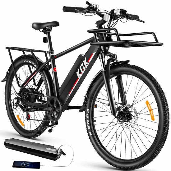 KGK Electric Bike 26\" Electric Mountain Bike for Adults, Commuter Cargo Bicycle Hybrid Road Ebike 350W with Heavy Duty Front & Rear Cargo Racks, 10.4AH Removable Battery, 7-Speed Gears, Fender