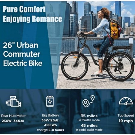 Ayner 26 In. Electric Cruiser Bike with 12.5Ah Large Capacity Removable Lithium-Ion Battery, Electric Commuter Bicycle for Adults Professional 6 Speed City Ebike Black