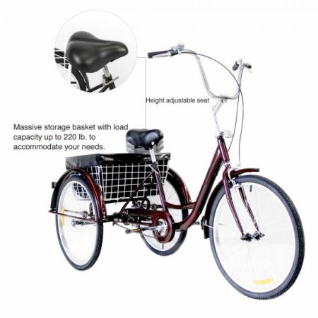 Adult Tricycle Trike 3-Wheel Bike Cruiser 20" w/Basket, Liner& Comb Lock, Shiny Red