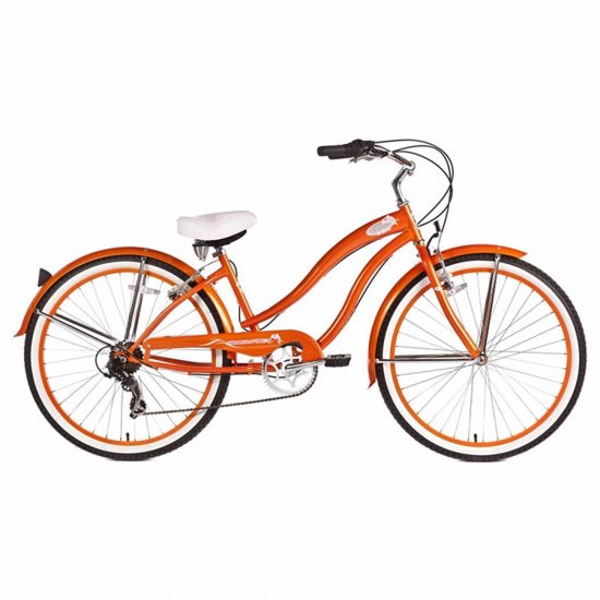 Micargi ROVER 7 Speed 26\" Beach Cruiser Shimano TX-35 7 Speed V-Brake Stainless Steel Spokes One Piece Crank Alloy Orange Rims 36H With Fender Color: Orange