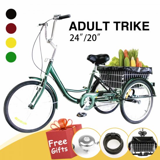 20\" 3-Wheel Bike Adult Tricycle w/ Bell Brake Basket Men