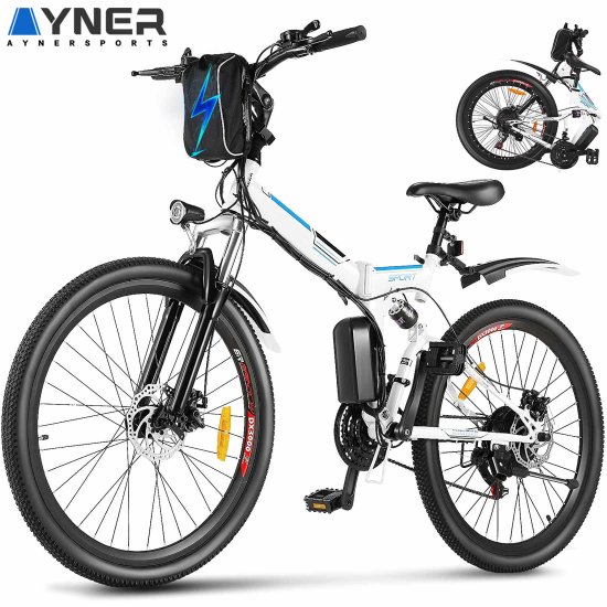 Ayner Folding Electric Bike Electric Mountain Bike for Adults, Commuter Ebike 26\'\' Electric Bicycle with Removable 8Ah Battery, Professional 21 Speed Gears, Double Shock Absorption White