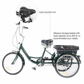 Viribus 20inches Green Adult Tricycle Trike 3-Wheel Bike w/Storage Basket, Liner for Shopping