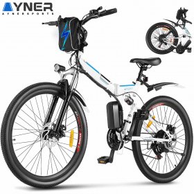 Ayner Folding Electric Bike Electric Mountain Bike for Adults, Commuter Ebike 26'' Electric Bicycle with Removable 8Ah Battery, Professional 21 Speed Gears, Double Shock Absorption White