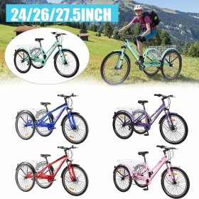 Docred 24/26/27.5 inch Adult Mountain Tricycle, 7 Speed Cruiser Trike, MTB with Shopping Basket and Installation Tools, Load capacity 420 lbs