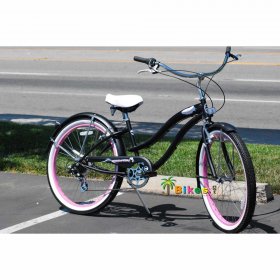 Micargi ROVER 7 Speed Beach Cruiser Shimano TX-35 7 Speed V-Brake Stainless Steel Spokes One Piece Crank Alloy Pink Rims 36H With Fender Color: Matte Black